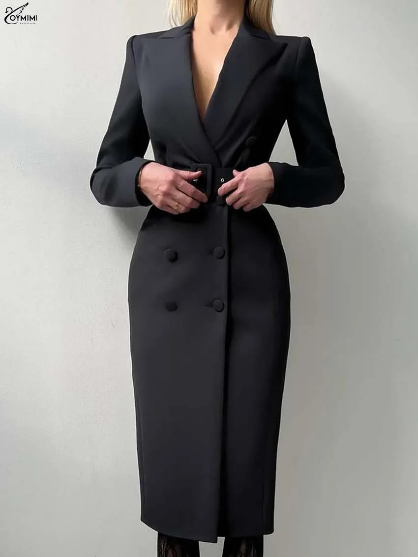

Oymimi Elegant Black Lapel Women's Dress Fashion Long Sleeve Double Breasted Lace-Up Dresses Casual Straight Mid-Calf Dresses