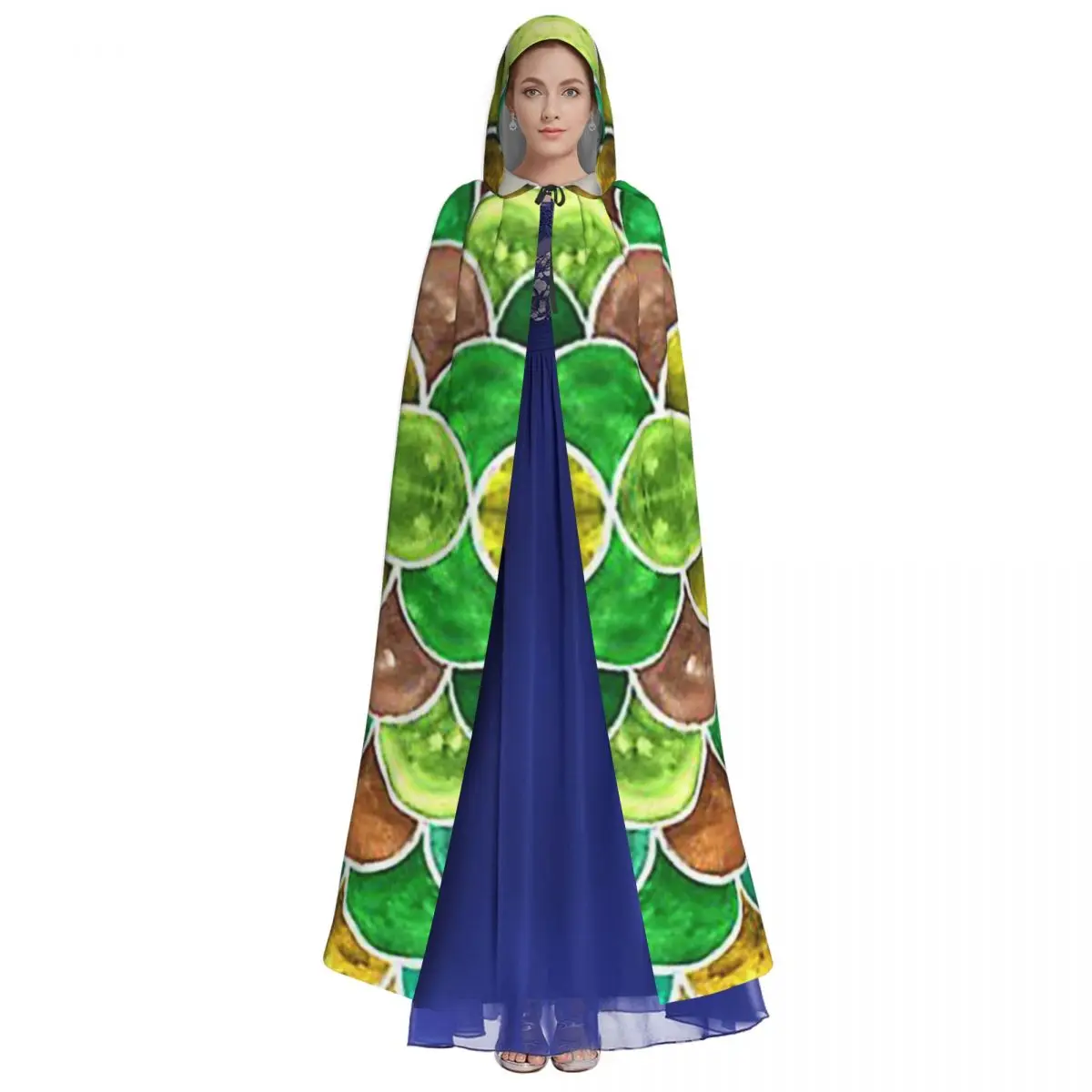 الأخضر والأصفر الموازين نمط طويل مقنعين عباءة الساحرة القرون الوسطى زي تأثيري كيب هالوين مصاص دماء الكبار للجنسين