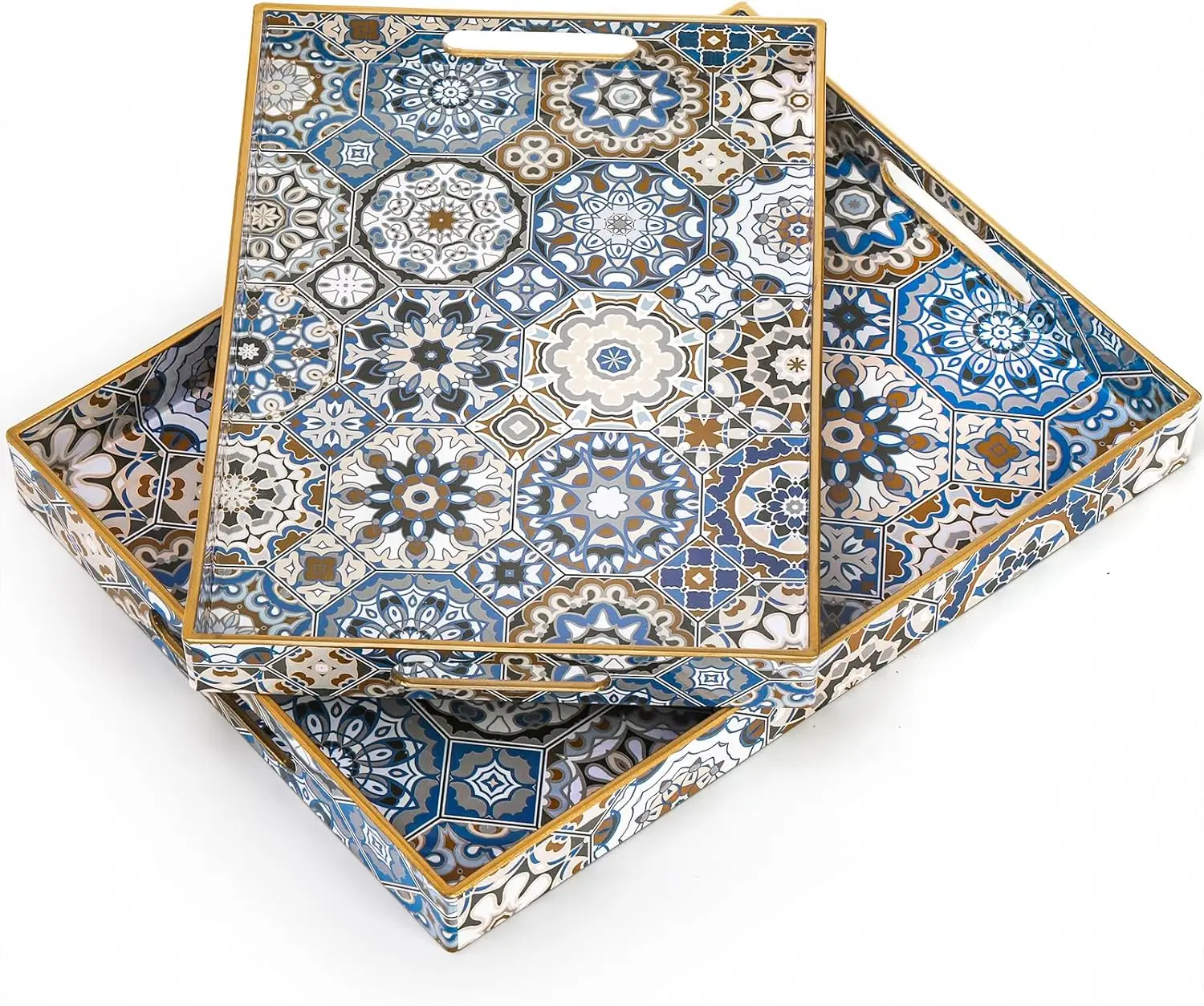 

Set Of 2 Decorative Serving Trays With Handles, Boho Tea Trays Ottoman Trays For Serving, Modern Plastic Coffee Table Tray For