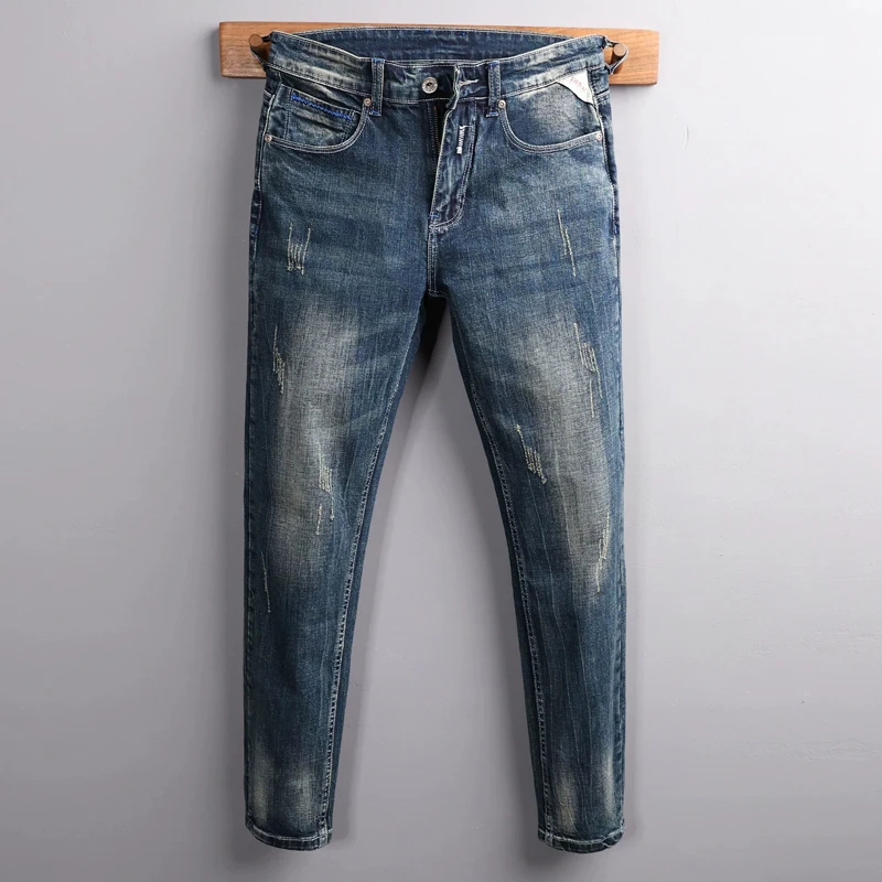 

Модные мужские джинсы от дизайнера: ретро, темно-синие, стрейч, слим-фит, с вышивкой, рваные, в стиле Y2K, винтажные, повседневные, джинсовые брюки для мужчин