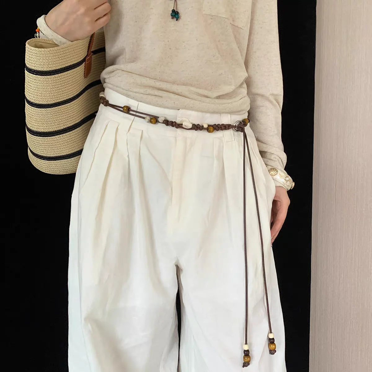 Nova moda contas de madeira artesanal cinto tecido à mão versátil para vestidos jeans e corda de cintura fina feminina