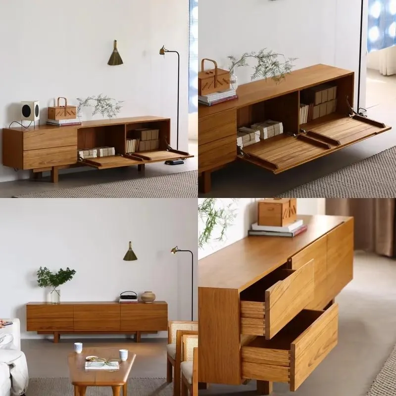 Nordic Solid Wood TV Cabinet and Coffee Table Set Modern Japanese Style Living Room Furniture with Adjustable Sliding Door