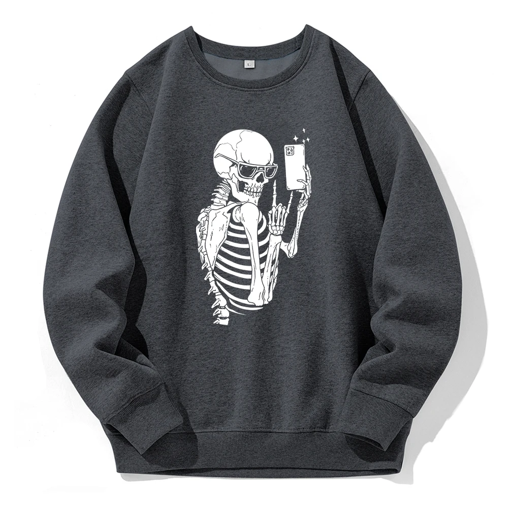 Skeleton : Watch My Cool Selfie Print Hoody Man Breathable Fleece Warm Hooded Shirt Basic Casual Hoodies O-Neck Loose Sweatshirt