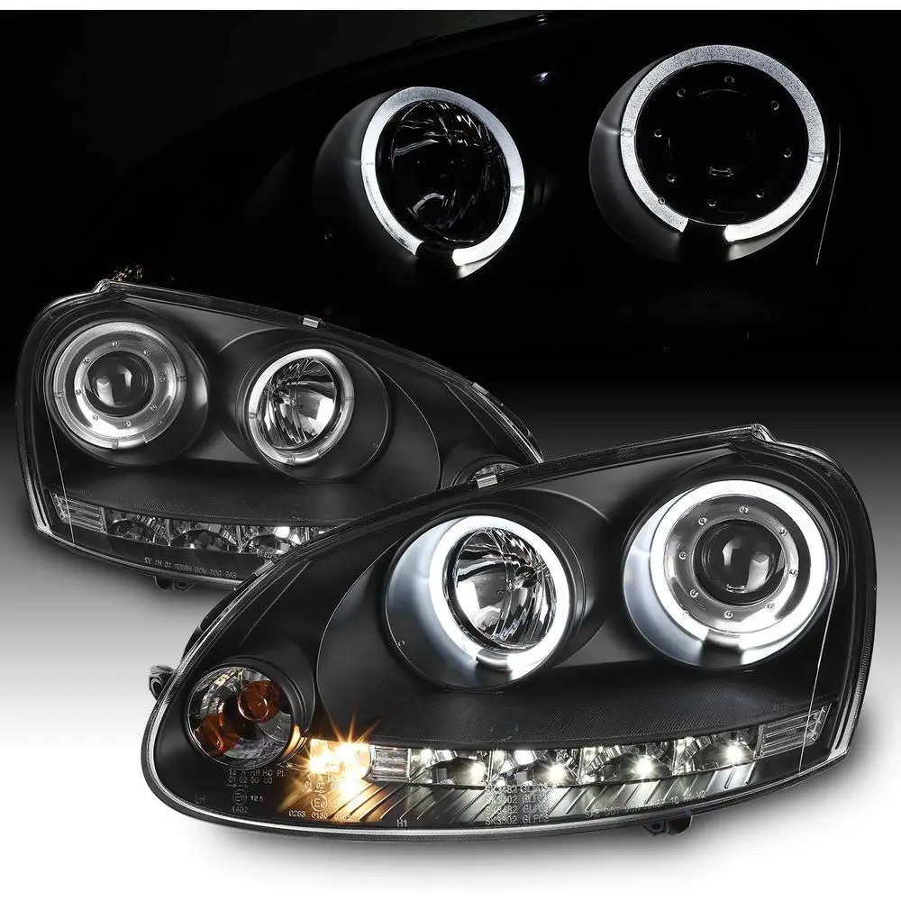 

- For VW Rabbit GTI Jetta R32 Black Bezel DRL LED Strip Halogen Type Projector Headlights