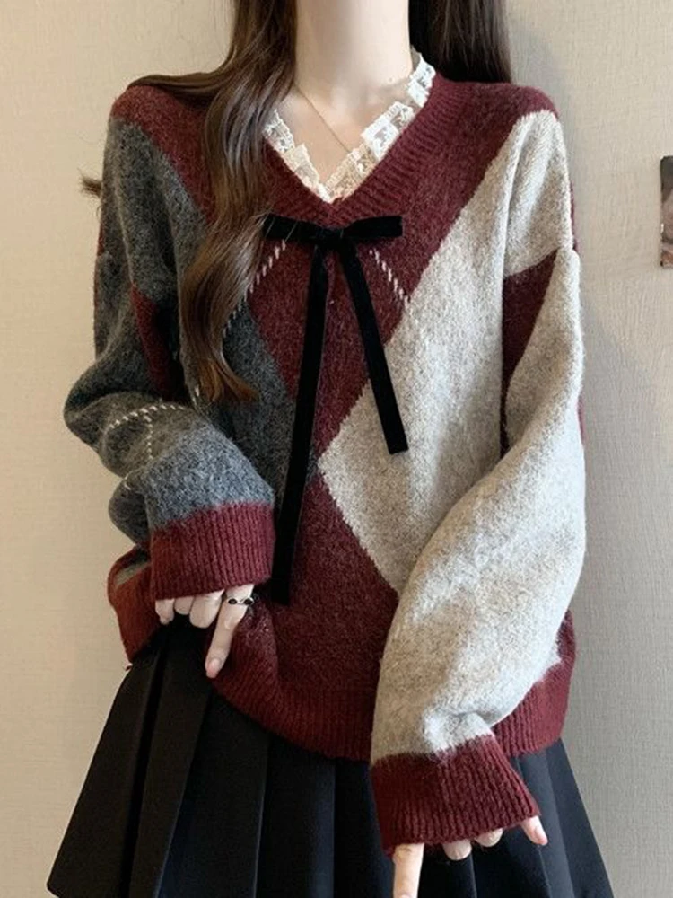 

Sweet Bow Argyle Sweaters Women Retro Preppy Style Loose Knitted Pullover Lace Patchwork Long Sleeve Female Vintage Jumpers Fall