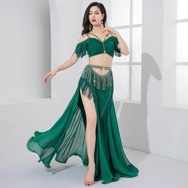 Customized Light Luxury Belly Dance Costumes Practice Set High Waisted Hollow Out Rhinestone Tassel Group Performance Costume