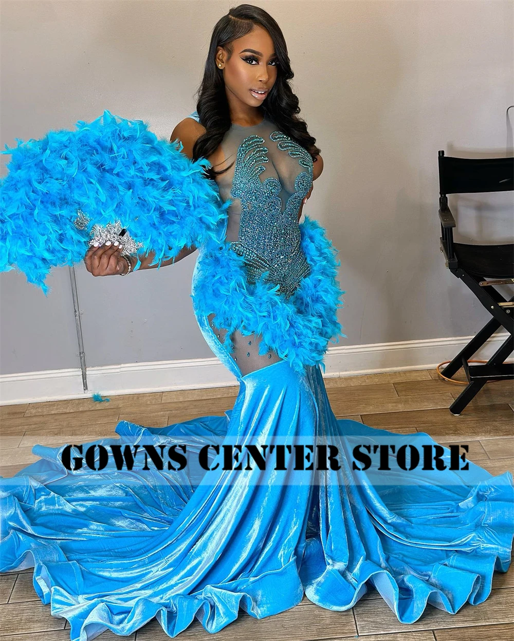 Legend Blue Velvet Feathers Mermaid Crystal Beading Prom Dresses Luxury Designer Party Black Girl Customized robe de bal Customized