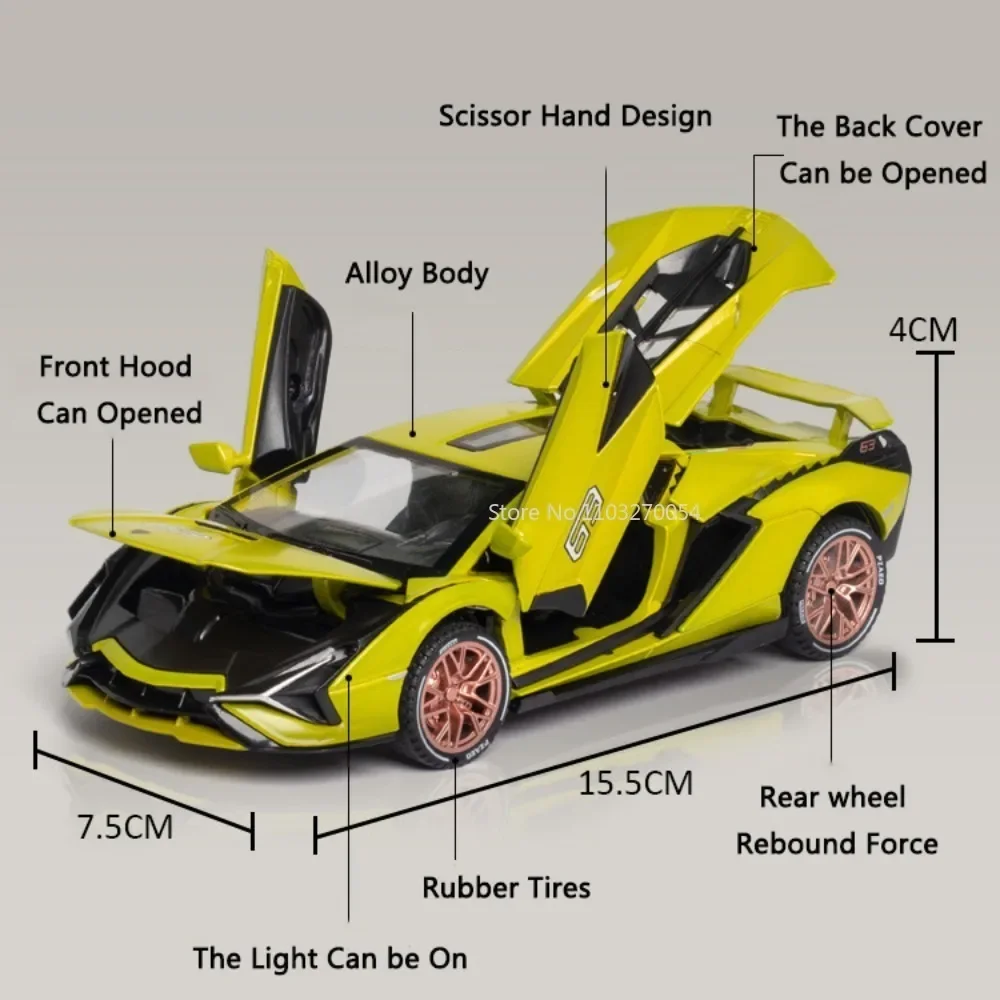 1:32 Lambor SIAN Spielzeug Modellauto Diecast Sportwagen Schere Tür Gummireifen Sound Licht Zurückziehen Spielzeugkollektion für Jungen Geschenke