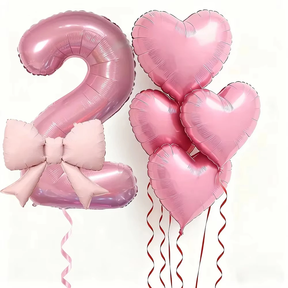 6-teiliges Rosa Herz-Schleifenballon-Set Zahlen-Folienballons Geburtstagsballon Mädchen Dating-Geschenk Hochzeit Verlobungen Jubiläen Party-Dekoration – Detail 4
