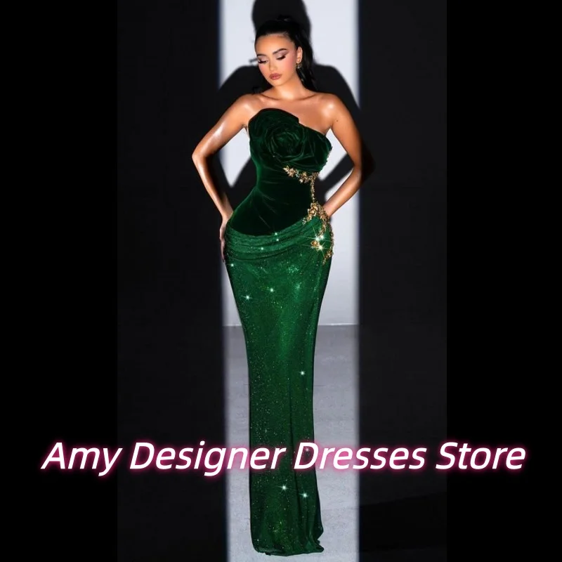 ชุดราตรีหรูหราสีมรกตแบบไร้สาย ประดับลูกปัดอย่างประณีต ผ้ากำมะหยี่ทรงเมอร์เมดยาว สำหรับงานปาร์ตี้ ผู้หญิง สั่งตัดได้ ชุดราตรีงานพรอมปี 2025