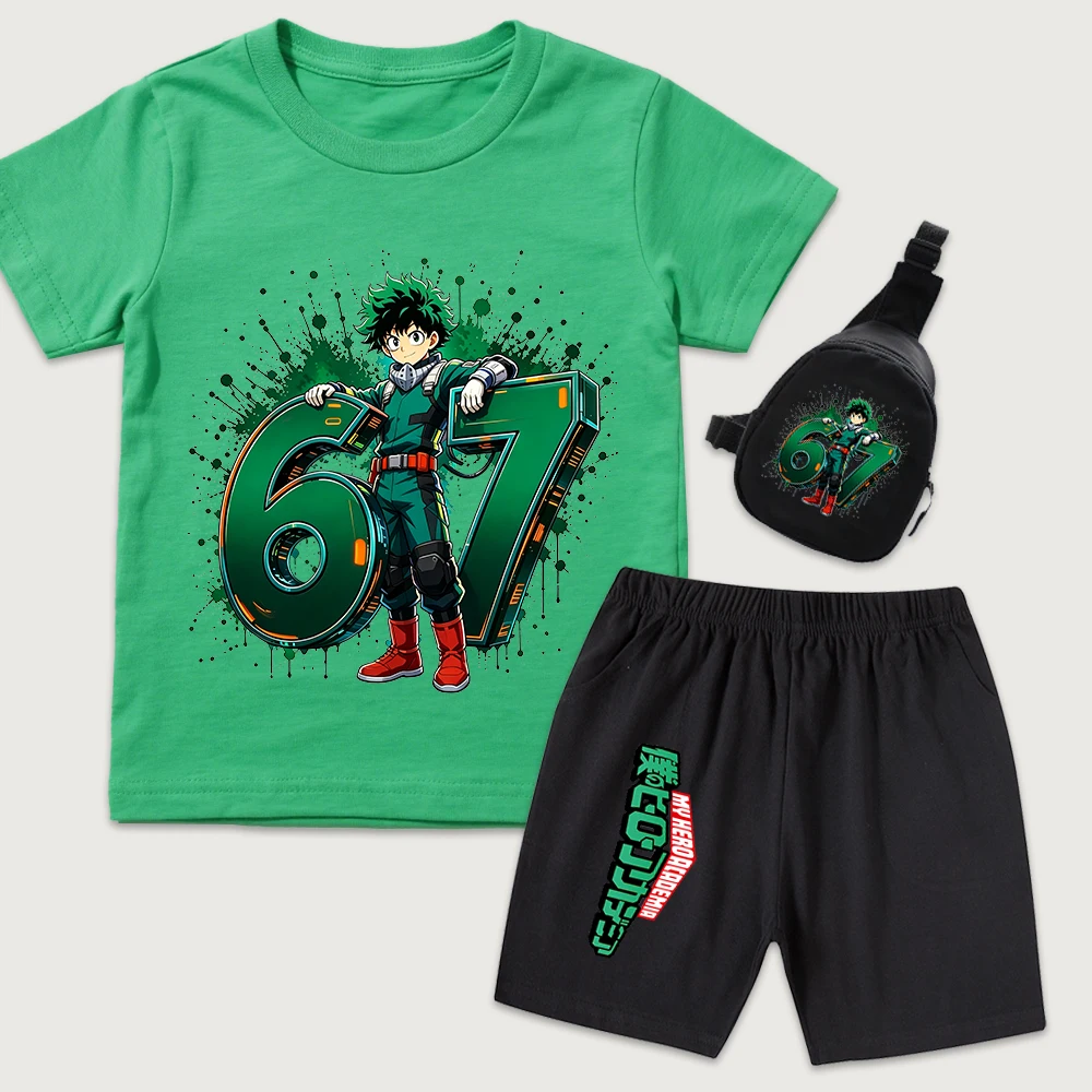 Image of My Hero Academia Izuku Midoriya 67 Bedrucktes Baumwoll-T-Shirt und Shorts Set für Kinder mit Mini-Brusttasche Jungen Mädchen Sommer-Outfit