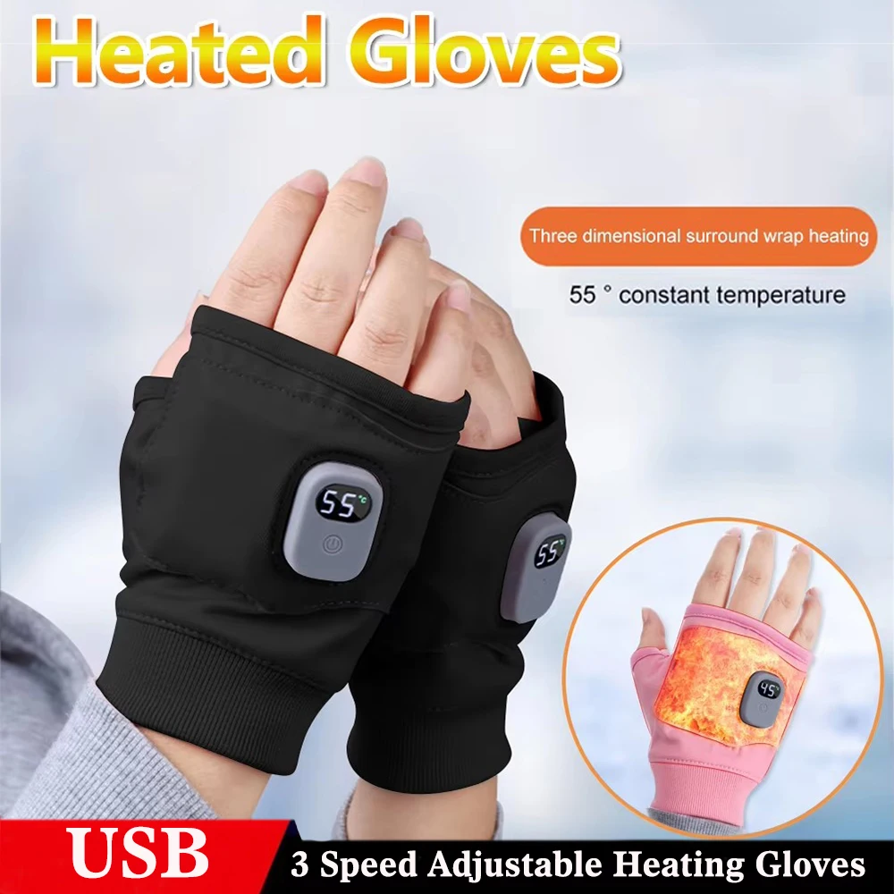 Rechargeable Heated Gloves 360 Degree With 2000mah Battery 3 Speed Adjustable Winter Warm Fingerless Glove for Outdoor Cycling