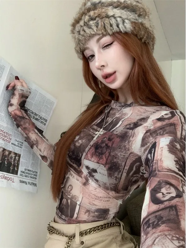 

Retro American Spicy Girl Set Women's Slim Fit Printed Mesh High Waist Half Body Pants Skirt Two Piece Set Autumn New Style