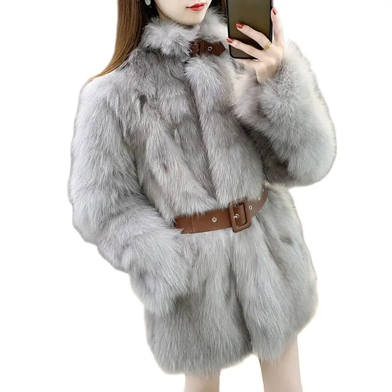 High-grade Fur Coat, Belt, Stand-up Collar, Fur Loose Temperament Coat, Fashionable Korean Version, New Casual Women's Clothing