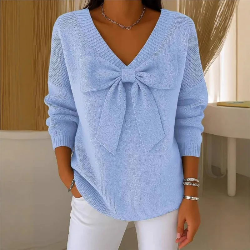 

Fashion Elegant Sweater Pullover Top for Women 2025 Autumn Knitted Sweet Big Bow V-Neck Solid color Loose Casual Knitwear Female