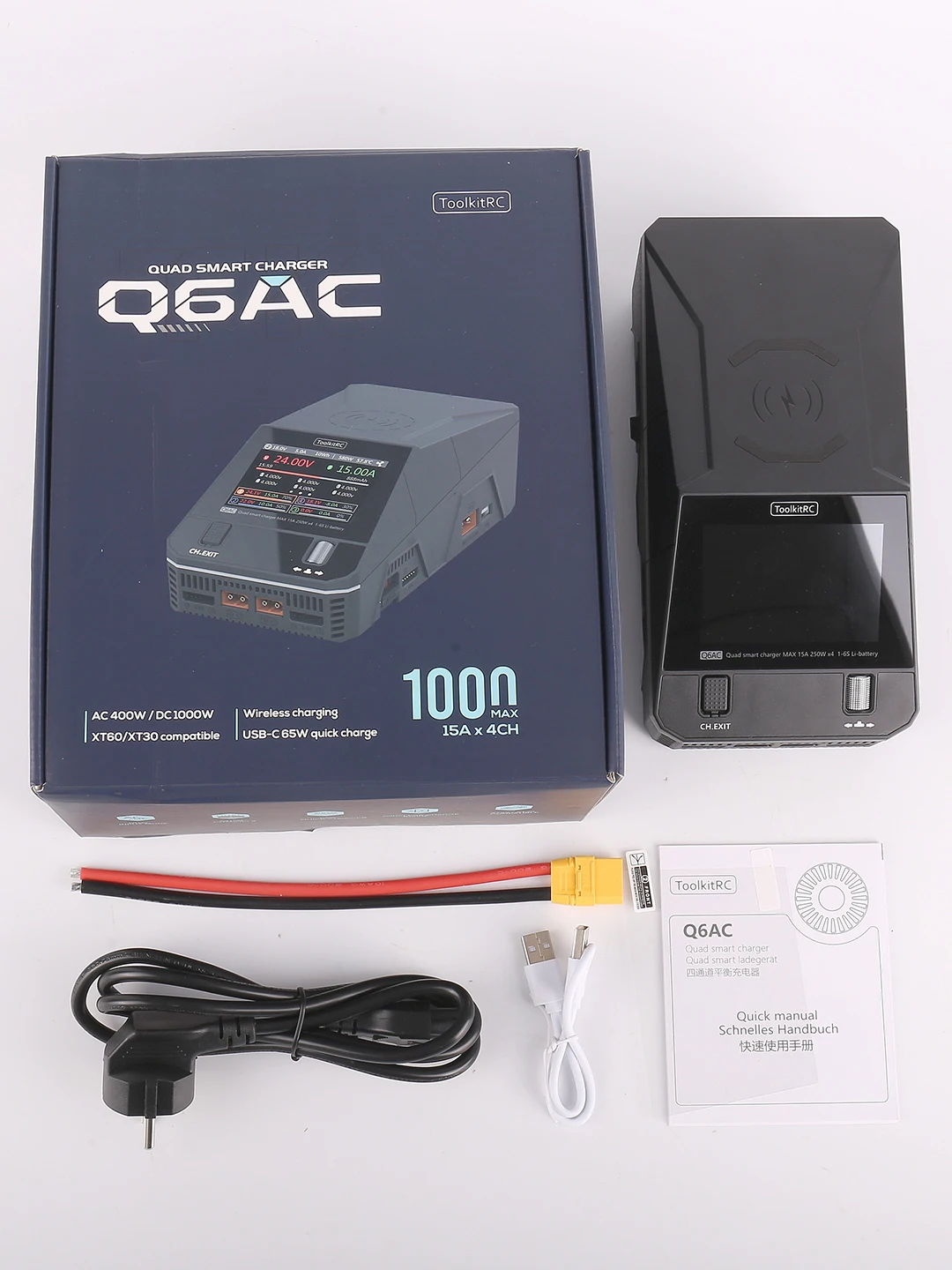 ToolkitRC Q6AC Charger AC 400W / DC 1000W 4CH output Built-in 65W USB Output 15W Wireless Charger for LiPo NiMH PB battery