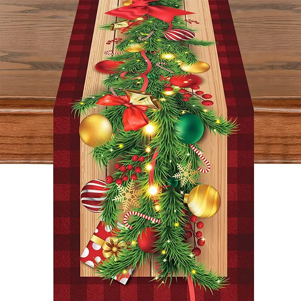 New Wreath Pattern Prints Christmas Tablecloth DIY Xmas Ball Xmas Table Runner Festival Decor Santa Claus Table Cover