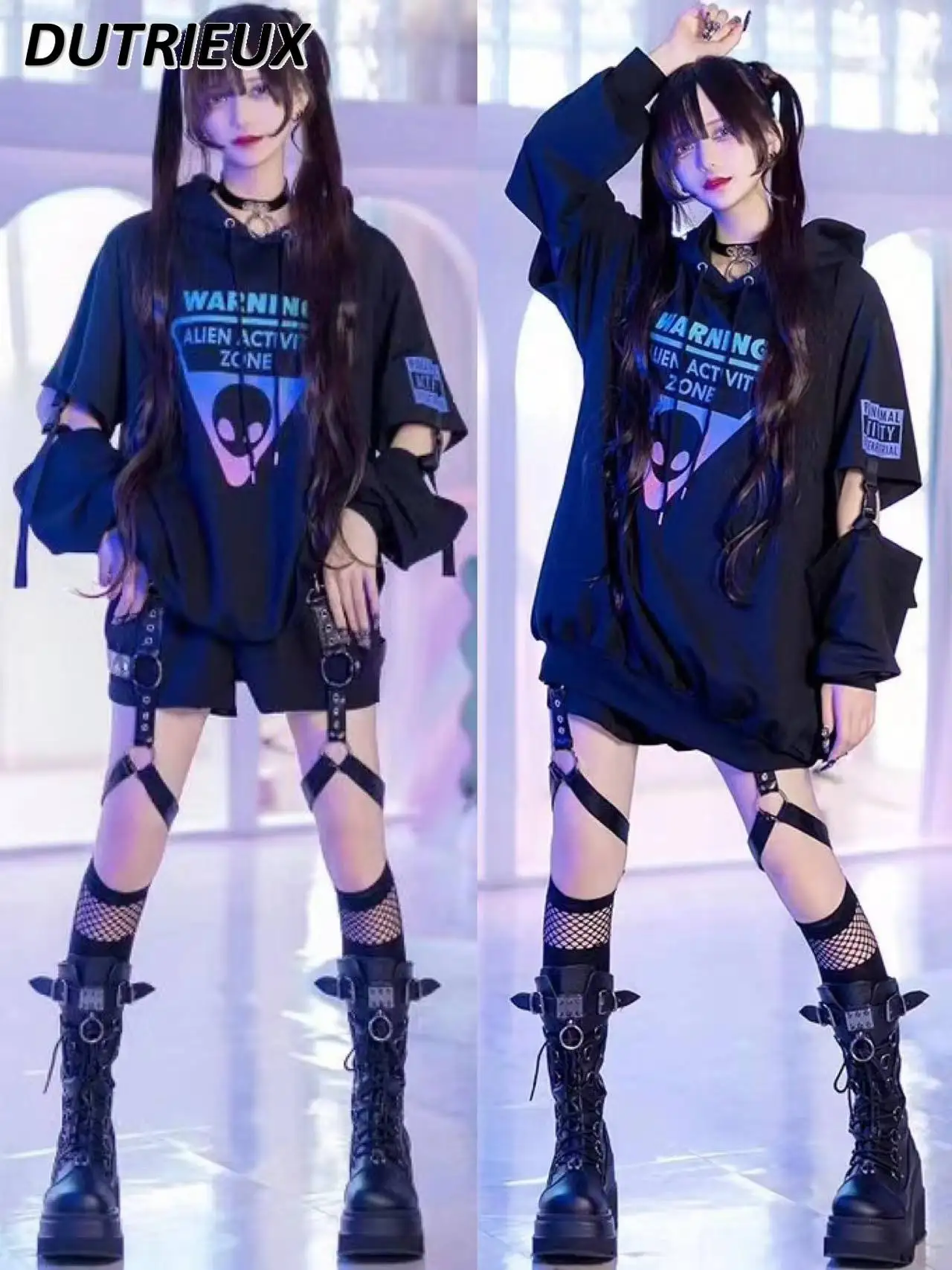 Vestido japonês de moletom estilo punk harajuku, impressão gradiente, manga comprida, capuz solto, pulôver de comprimento médio, primavera, outono, 2024