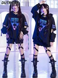 2024 Spring Autumn Japanese Harajuku Punk Style Gradient Printing Sweatshirt Dress Long Sleeve Loose Hooded Mid-Length Pullover