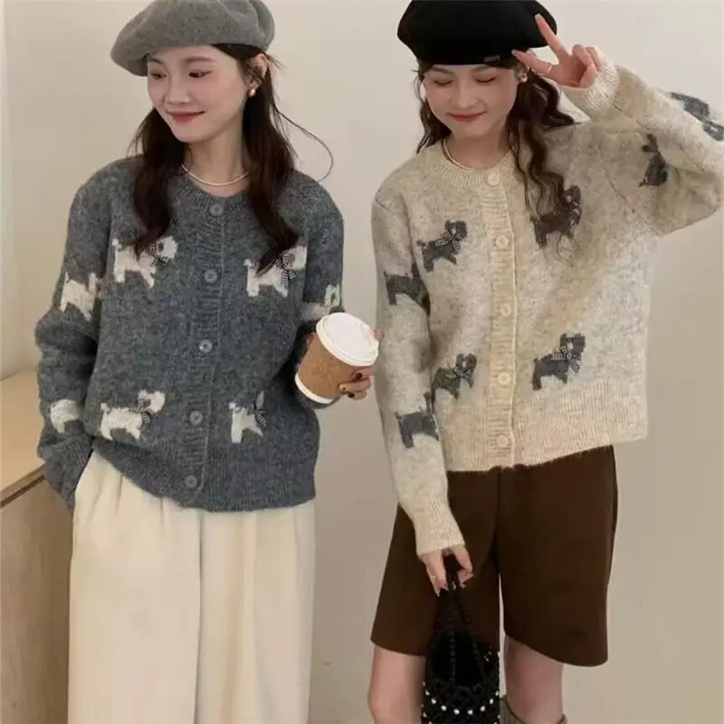 Faul Stil Vintage Cartoon Pullover Strickjacke Frauen Frühling Bogen Weiche Stricken Top Mantel Rundhals Lose Fit Casual Outwear Nette Kawaii