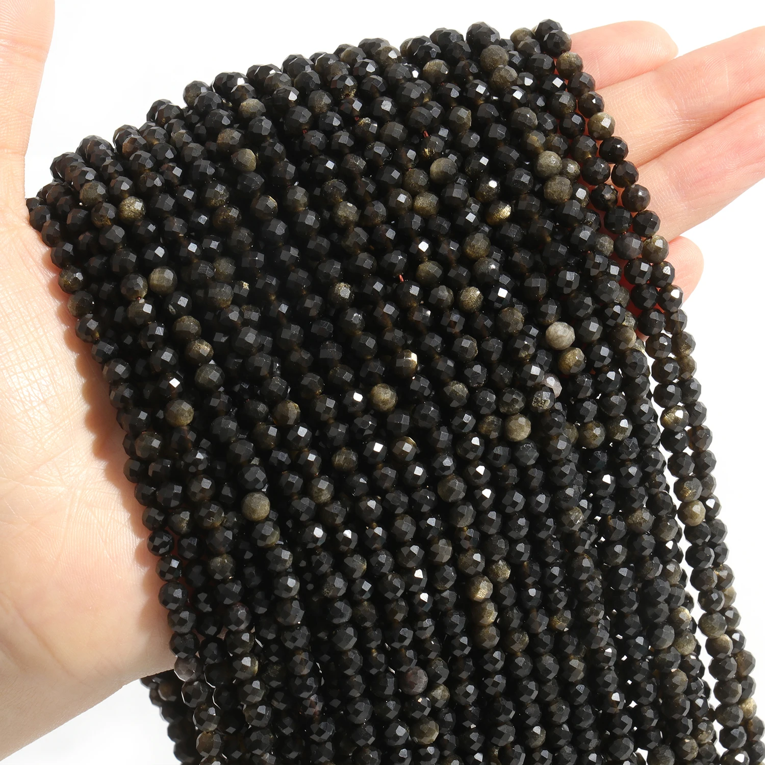 Großhandel Facettierte 2 3 4mm Naturstein Goldfarbene Obsidian-Perlen Runde Kleine Lose Perlen für Schmuckherstellung DIY Armbänder – Detail 5
