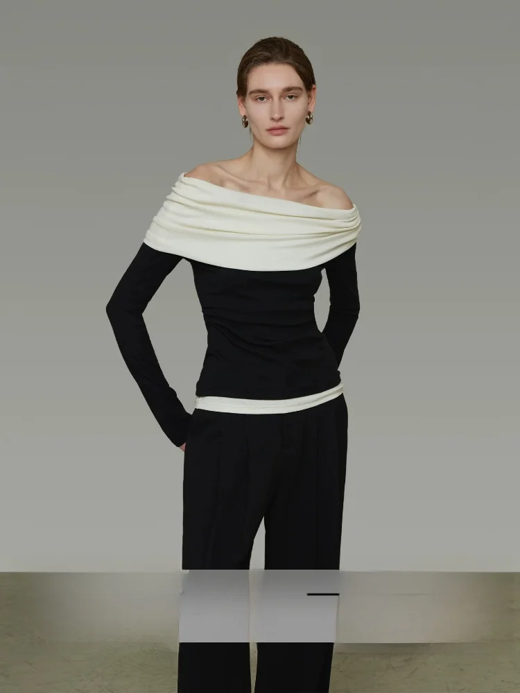

Elegant Color Block Knitted One Shoulder Women's Top Premium Feeling Pleated Design Slim Fit Comfortable Cotton Commute Style
