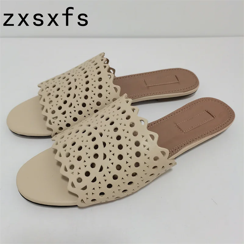 

Summer Leather Slides Flat Casual Slippers Women Hollow Out Holiday Beach Shoes For Women Designer Brand Sandals Women Slippers