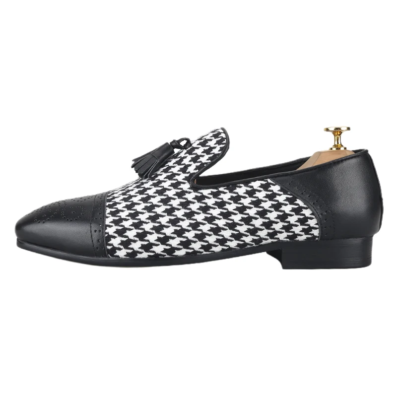 Piergitar Brand Houndstooth Pattern Cotton Patchwork Bullock Leather Toe Slip-On Loafers Handmade Tassels Men Slippers For Party