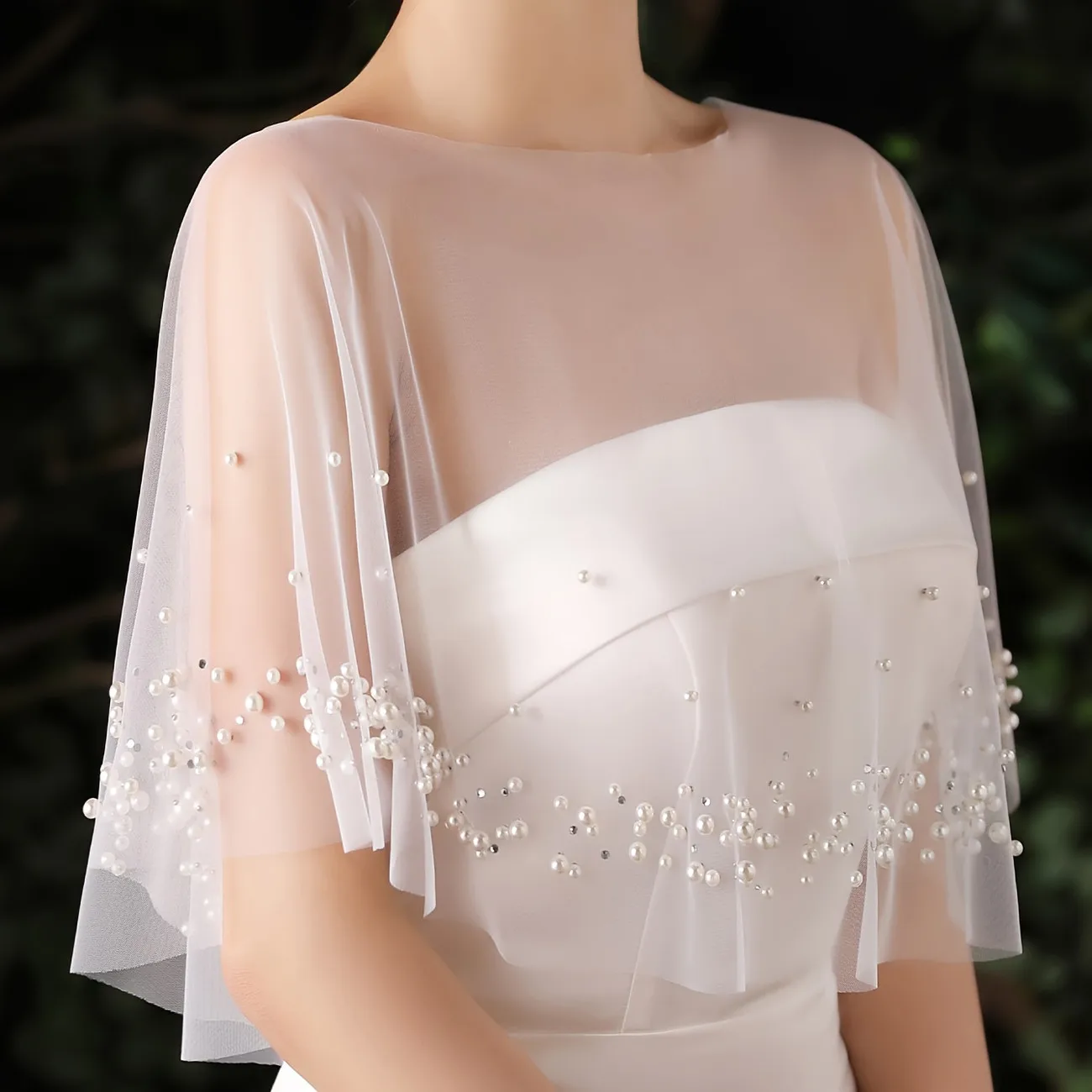 Wedding Evening Dress Cape with Beads Pearls Cut Edge Short Shawl Party Jacket Wraps Dress Accessory DIY