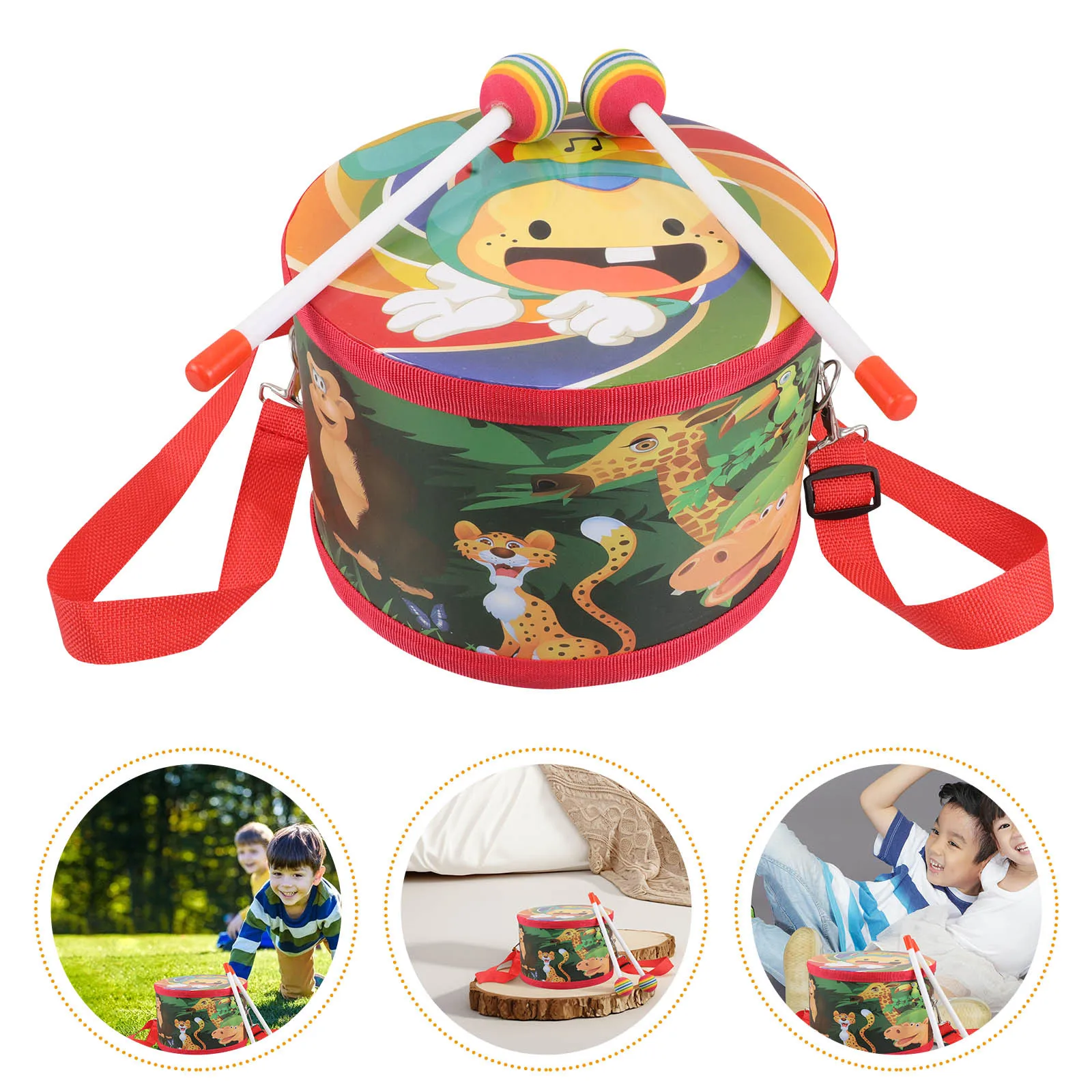 

1Set Orff Drum for Kids Double Face Percussion Instrument Adjustable Belt Cartoon Animal Pattern Wooden Drum Sensory Set