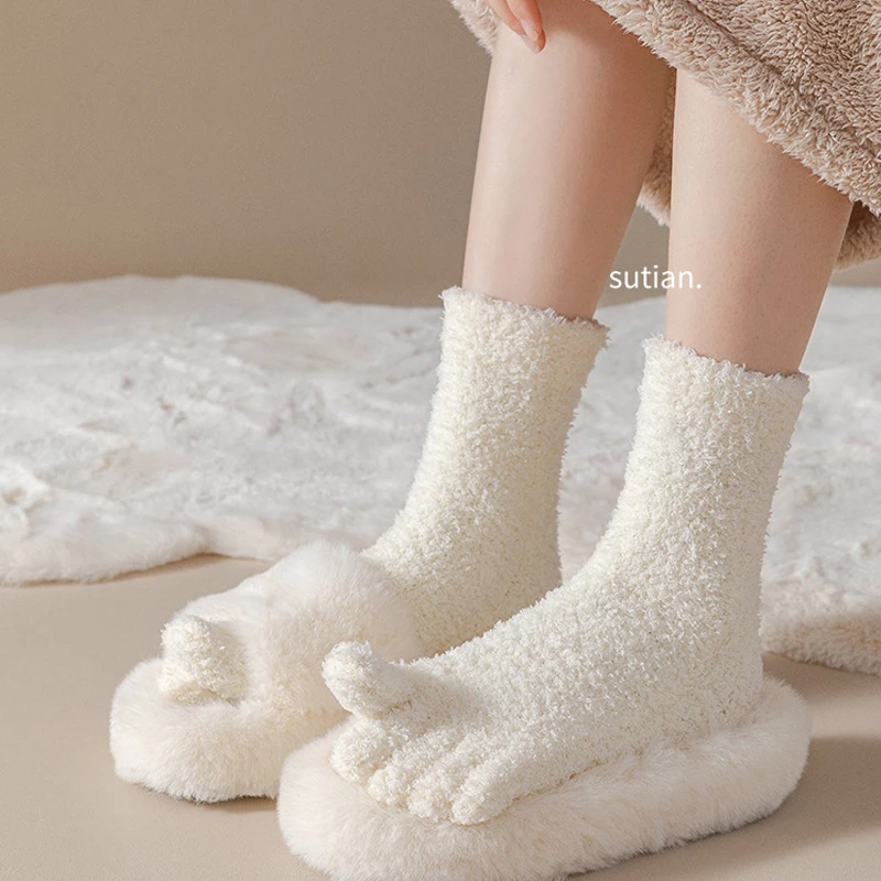 5 Pairs Winter Thick Toe Short Socks Coral Velvet Solid Thermal Keep Warm Floor Sleep At Home Soft Elastic 5 Finger Terry Socks