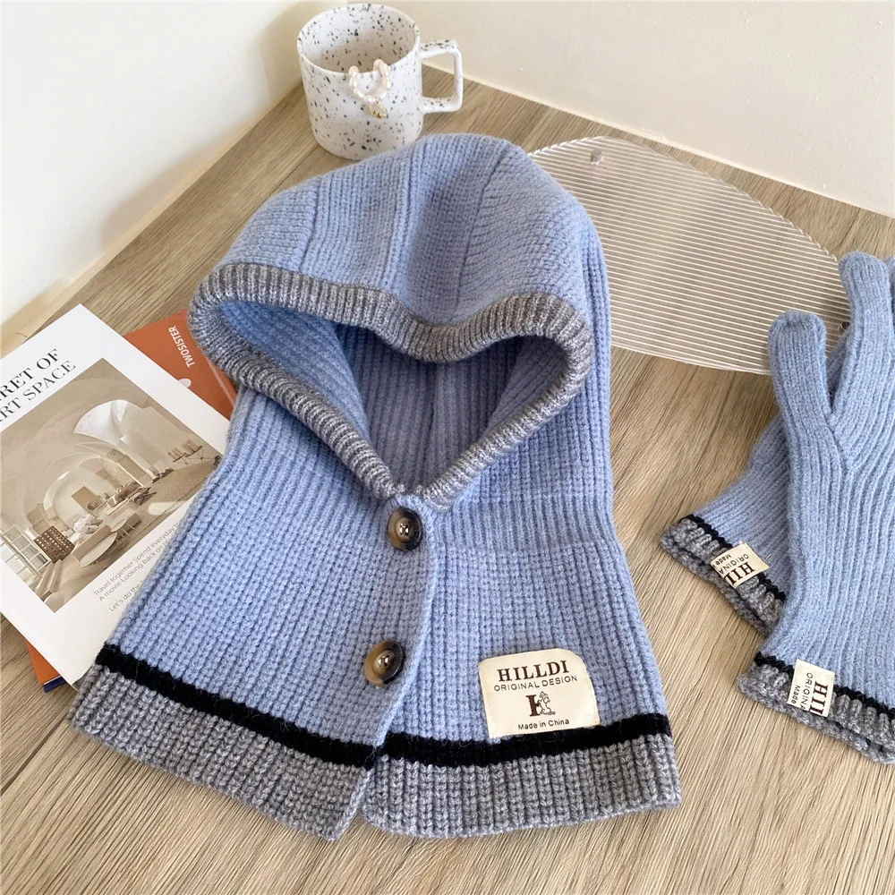 Girls Button And Neck Cover One-piece Hat Scarf Women's Autumn Winter Warm Headdress Knitted Wool Pullover Headgear Chapeau