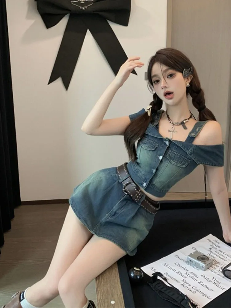 Women Shorts Suits Off Shoulder Button Spice Girl Jeans Tops + High Waist Skinny Package Hip Denim Summer Clothing Set Outfits