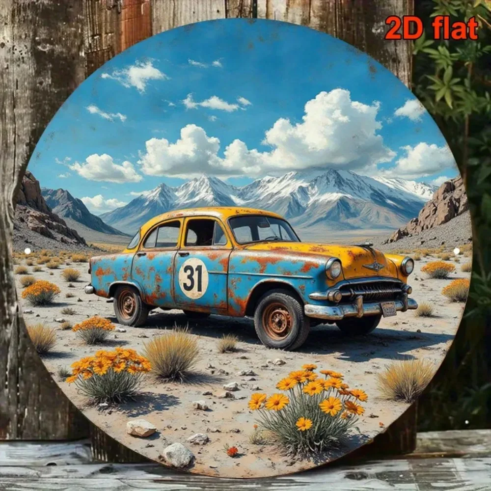 Décoration de voiture classique vintage BMS - Modèle rétro bleu et jaune avec paysage montagneux