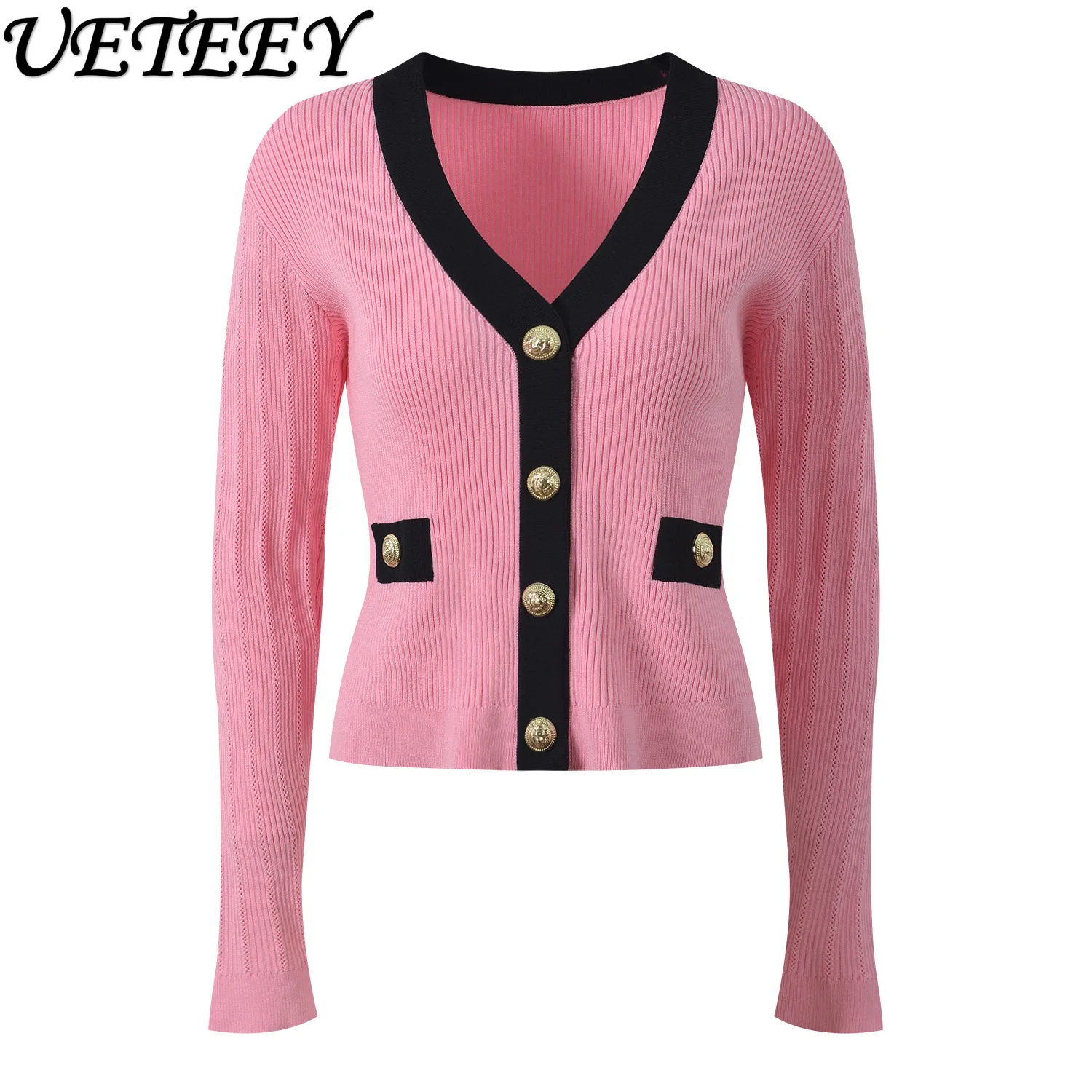 

2025 Autumn New French V-Neck Metal Button Slim Fit Color-Block Long Sleeve Knitted Cardigan Sweater Slim Fit Sweater Outerwear