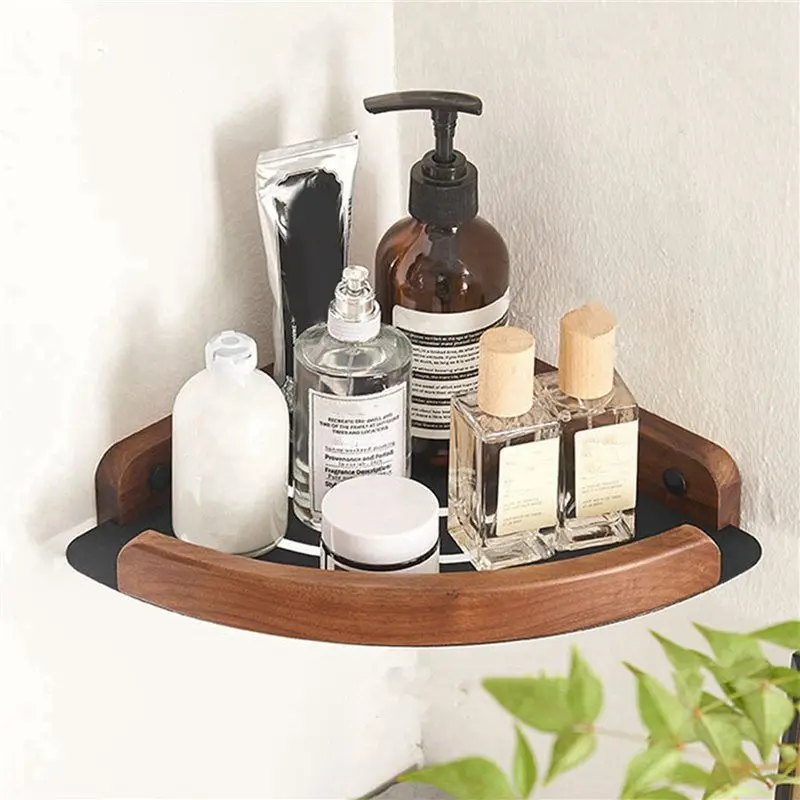 2X Walnut Wood Bathroom Shelves Wall Mounted Shower Corner Storage Shelf Kitchen Organizer Rack