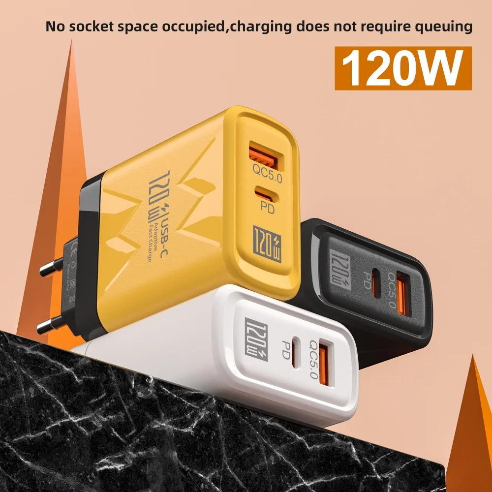 

120W USB C Charger PD Fast Charging Adapter PD QC 3.0 Fast Charging EU/US Plug Adapter For Samusng iPhone 16 Pro Xiaomi 15 Ultra