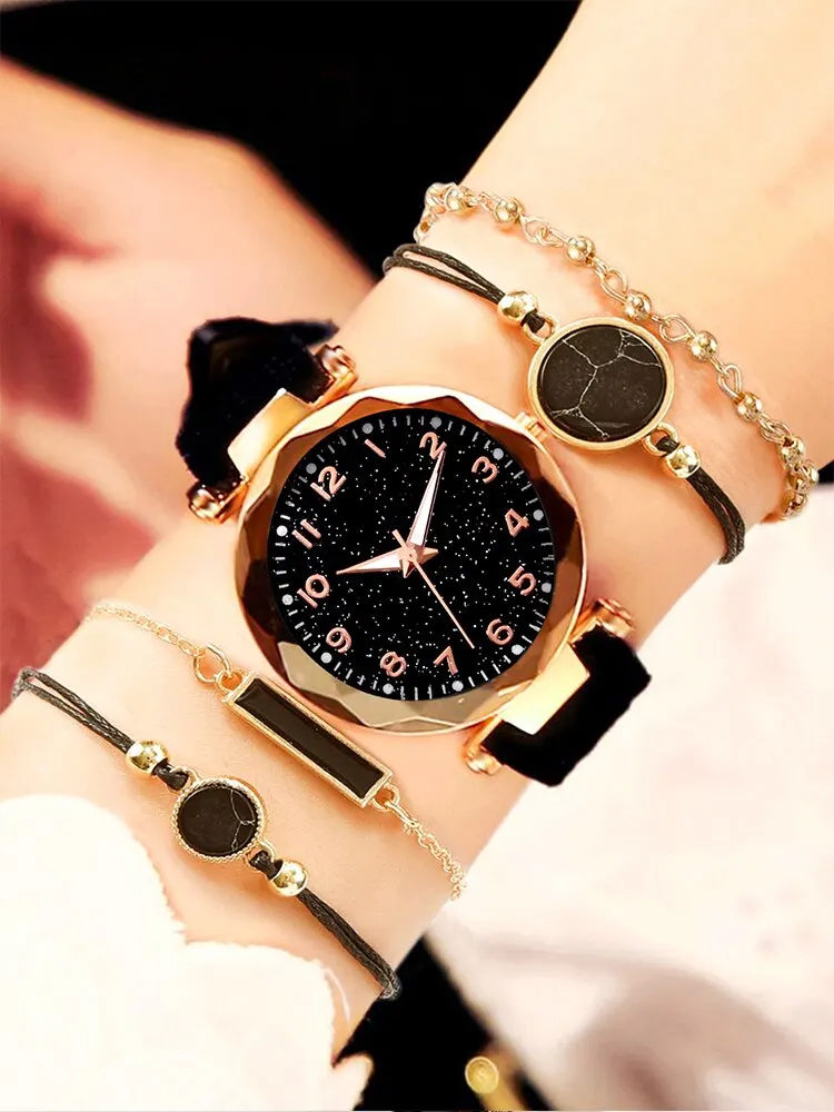 5pcs Women\'s Starry Sky Digital Scale Black Belt Quartz Watch+Bracelet Combination Set