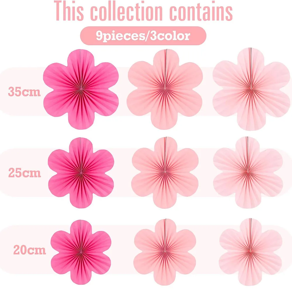 Paper Decoration, Set of 9 -Hot Pink Flower Hanging Ornaments,Party Fans & Floral Backdrop for Weddings,Baby Showers,Birthdays