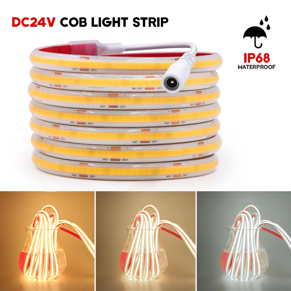 24V COB LED Strip Light 320LED/M DC Head IP68 Waterproof High Density Flexible Rope Home Room Decoration RA90 3000K 4000K 6000K