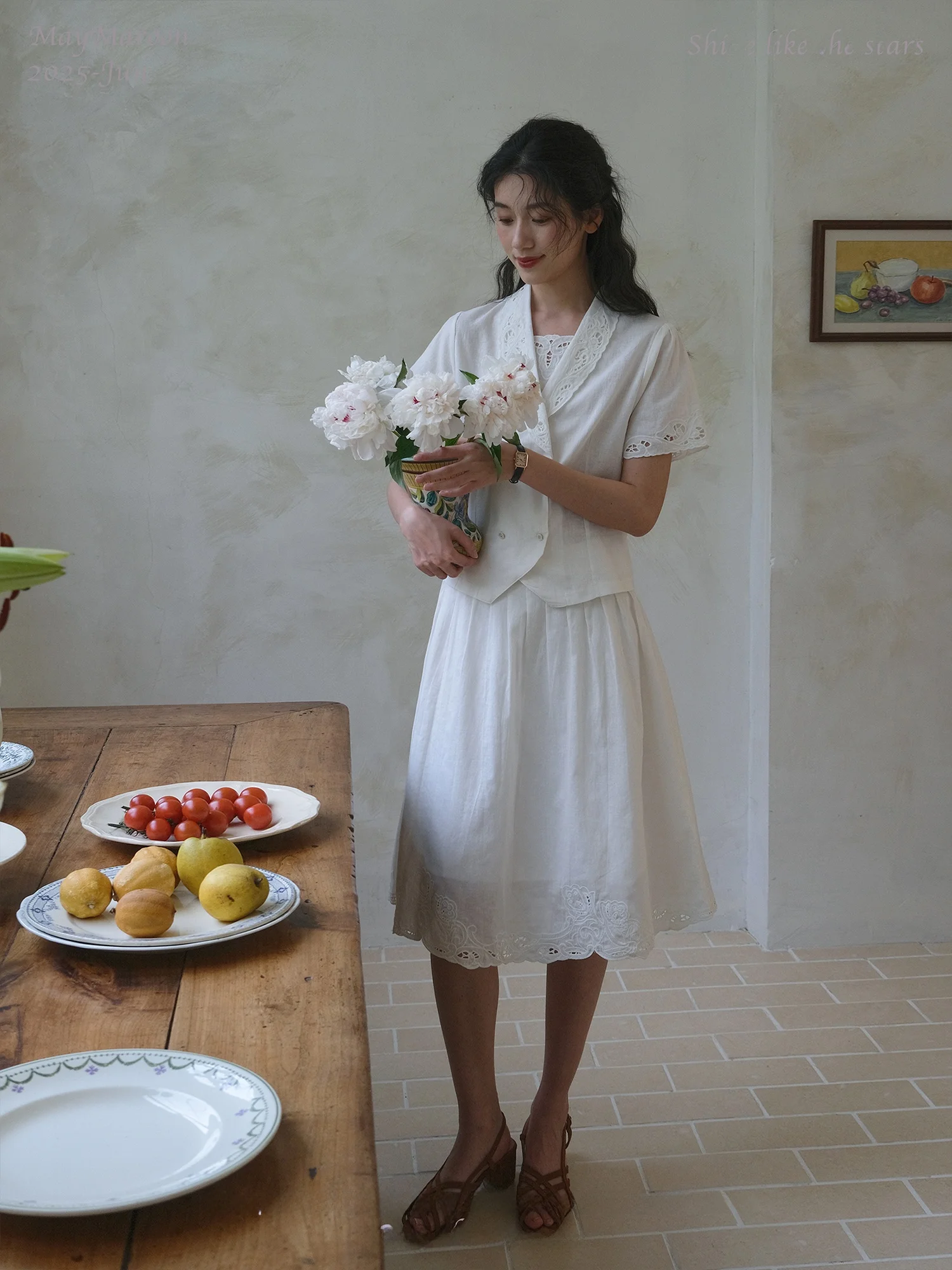 

MayMaroon Twilight Estate Vintage Embroidered Heavyweight Linen Hollow out A-Line Skirt mid Waist Midi Length Color