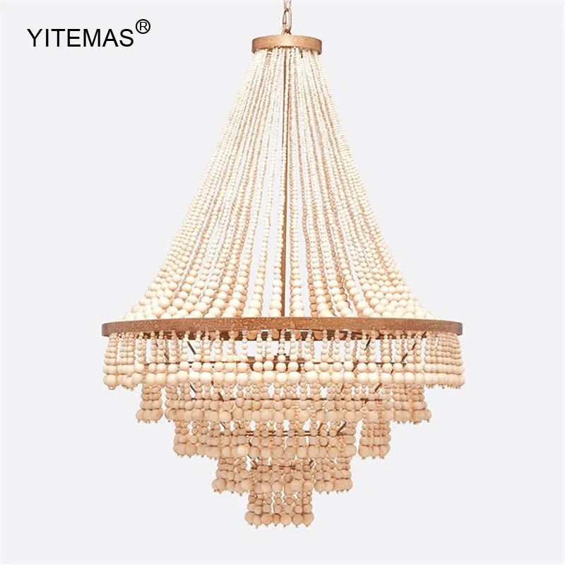 Wooden Beads Tassel Chandelier Large Living Room Hanging Chandelier Foyer Master Bedroom Fringe American French Country Lamp