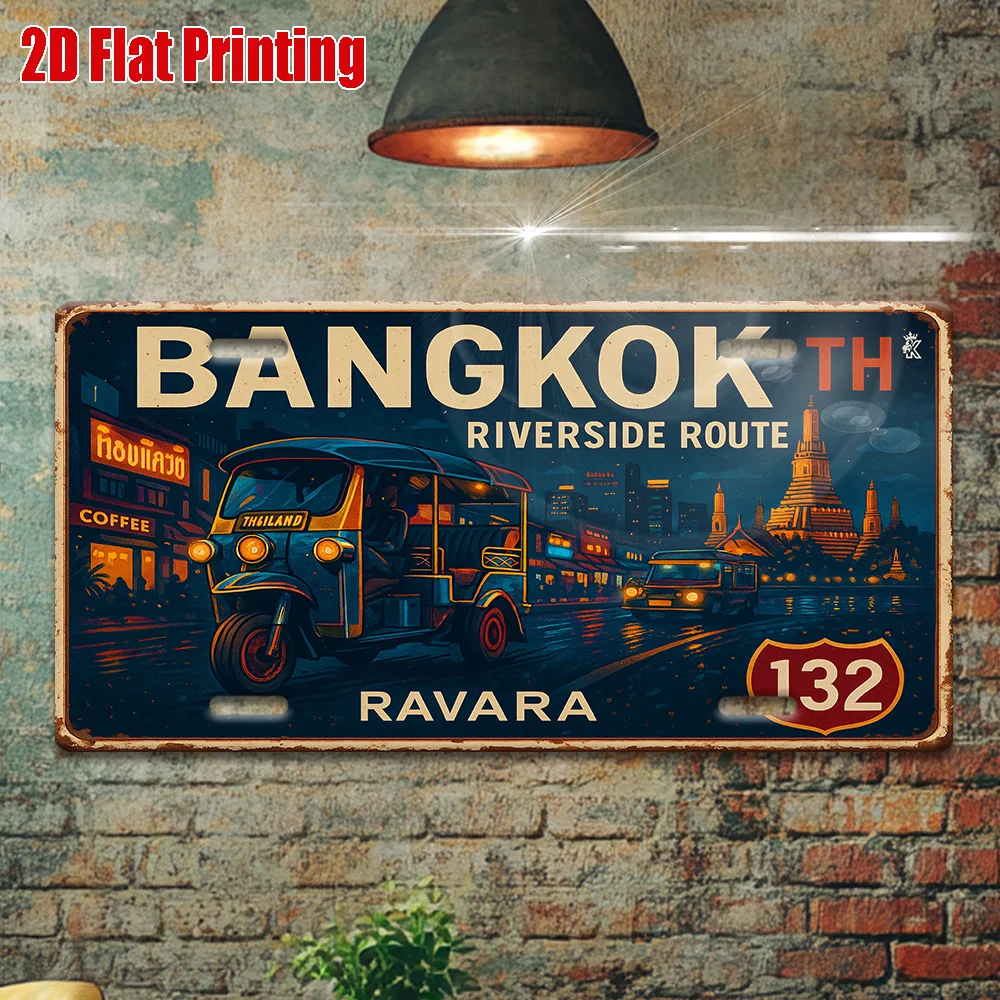 2D Flat, 1pc Vintage Bangkok Riverside Route Metal License Plate - Thai for tuk for tuk & Night Cityscape Wall Art, Retro Travel
