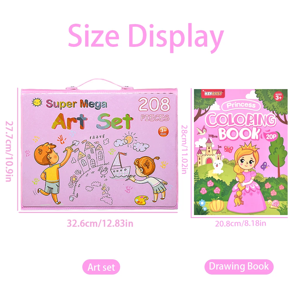 208Pcs Kids Art Painting Set with Easel Washable Marker Crayon Watercolor Drawing Kit Princess Coloring Book Gift for Girls