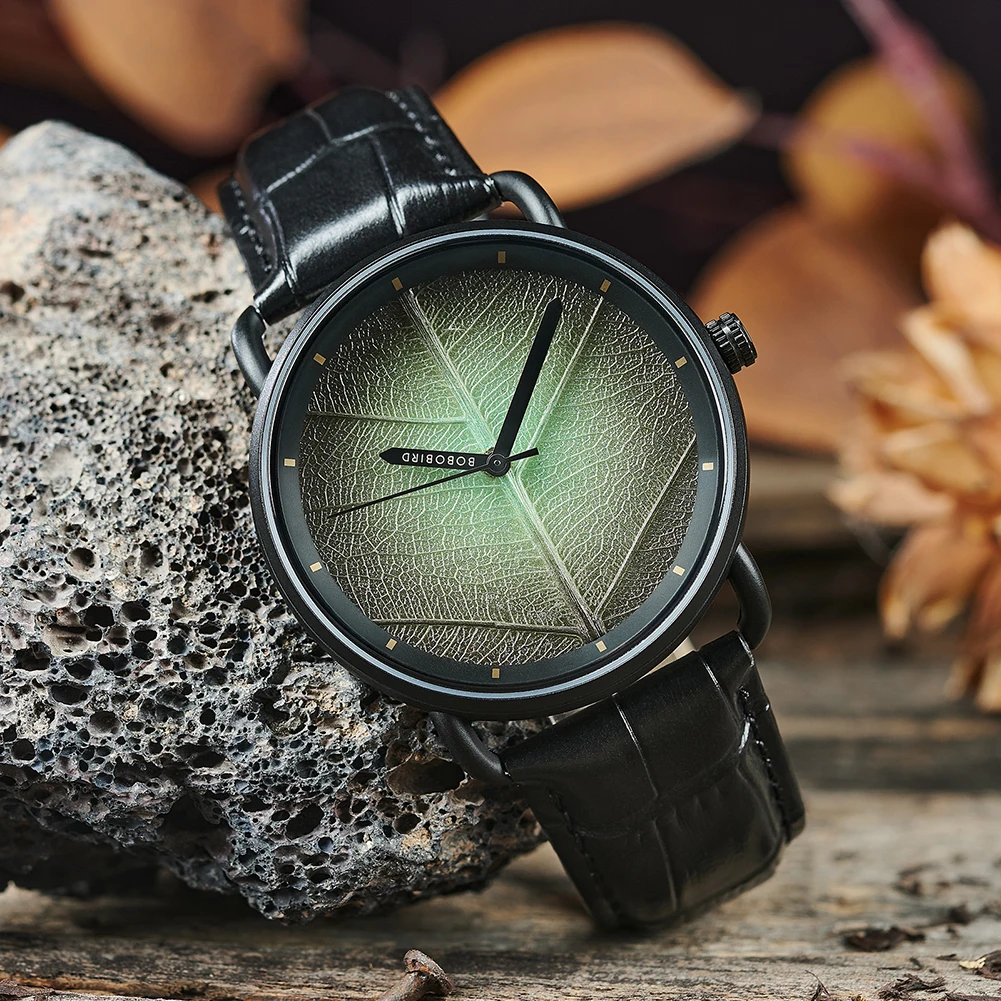 Glow in The Dark Watches for Men BOBO BIRD Genuine Leaf Face Custom Sport Mens Wristwatch with Genuine Leather Luminous Display