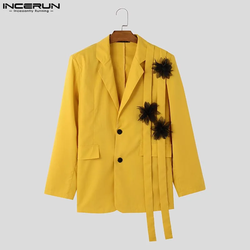 INCERUN Tops 2024 Korean Style Fashion Men Floral Ribbon Decoration Design Suit Coat Casual Male Solid Loose Long Sleeved Blazer