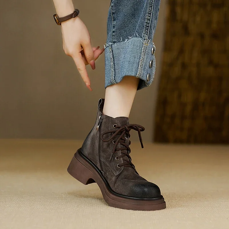 Autumn Women Boots Genuine Leather Boots Women Round Toe Chunky Heel Boots Winter Short Boots Casual Platform Shoes for Women