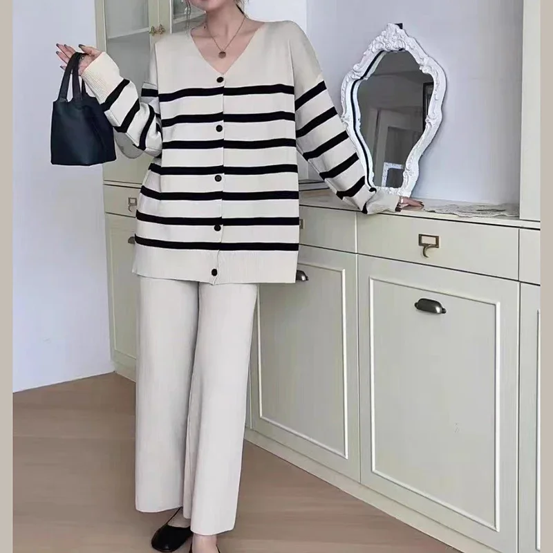 EVNISI Women 2 Piece Striped Long Sleeve Buttons Up Cardigan Top and Pants Set Casual Loose Women Outfit Fall Winter Office Set