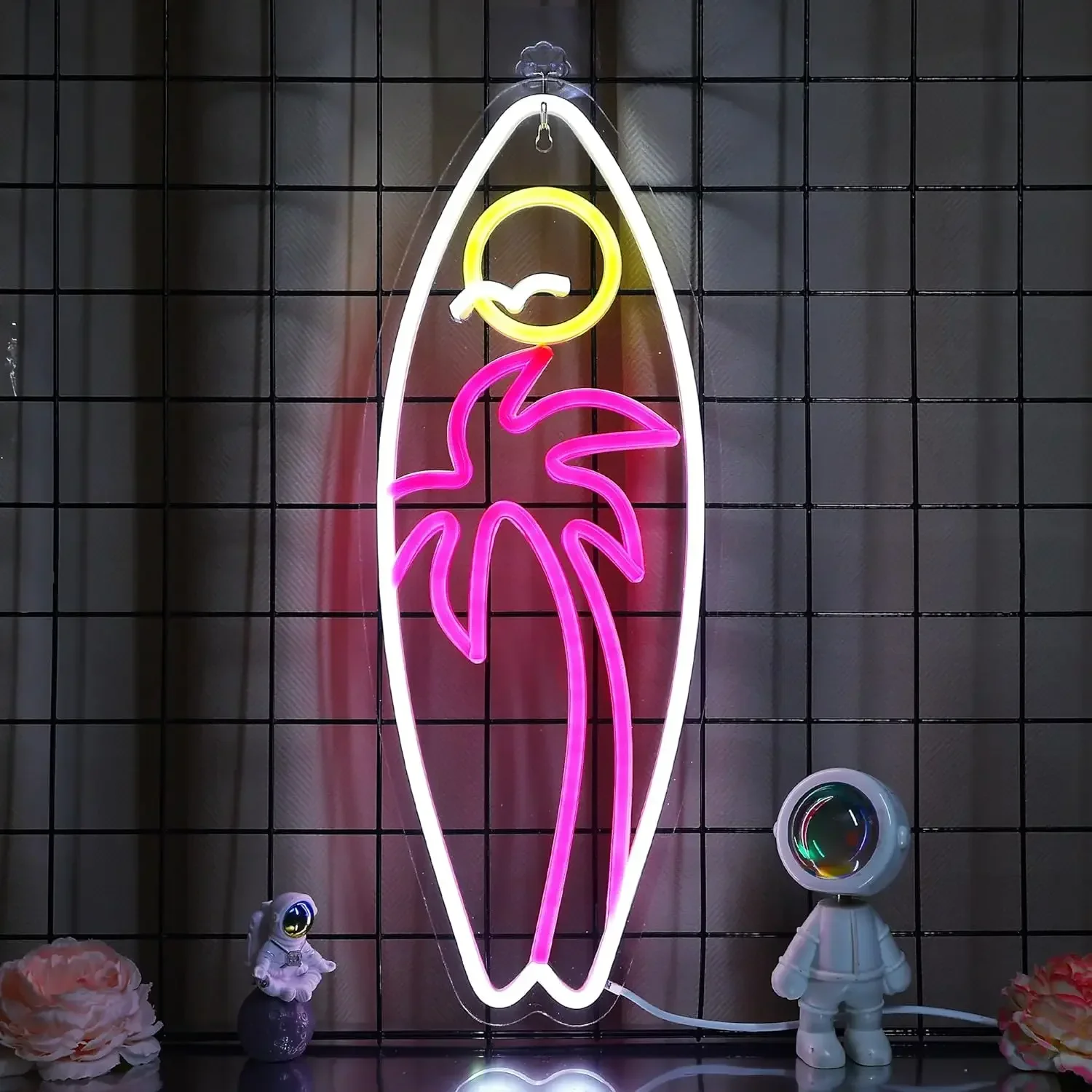 ปากการูปหัวใจกระดานโต้คลื่นต้นปาล์มดวงอาทิตย์ LED หรี่แสงได้ปากการูปหัวใจชายหาดที่ขับเคลื่อนด้วย USB ของตกแต่งสำหรับมนุษย์ถ้ำฤดูร้อนร้านอาหารบาร์คลับ