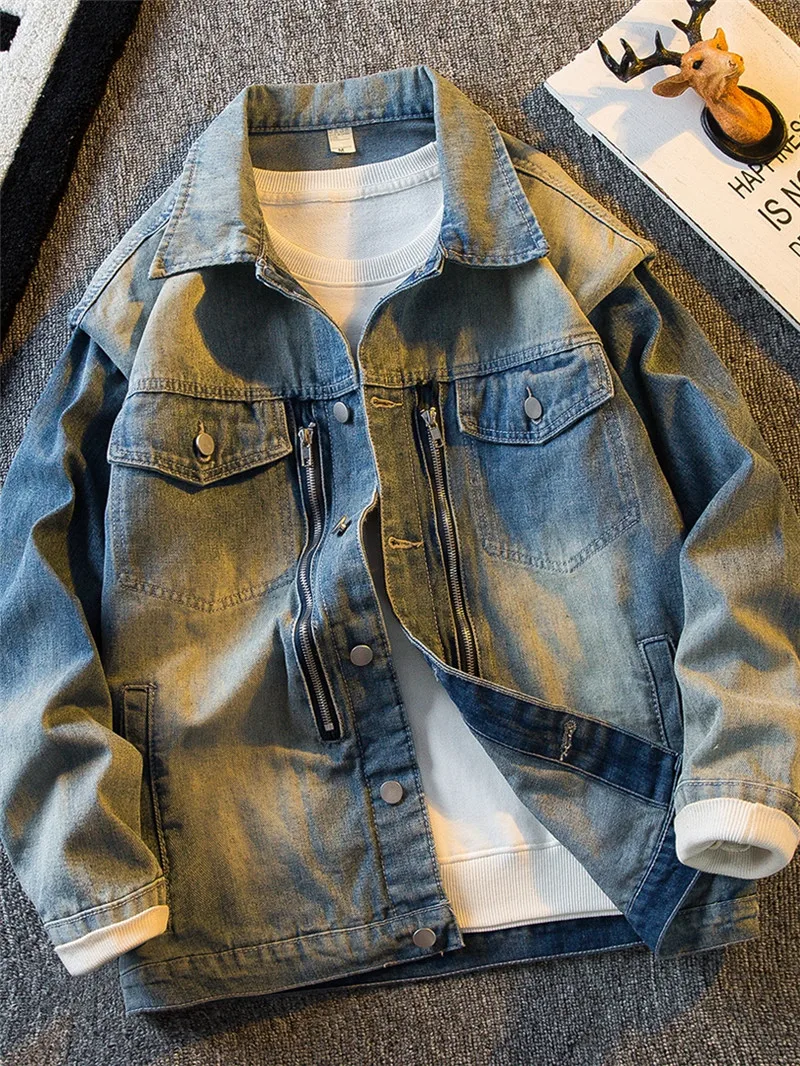 Retro American Style Men's Denim Jacket Autumn Spring Loose Fit Heavyweight Fashion Urban Casual Travel Outerwear Coat